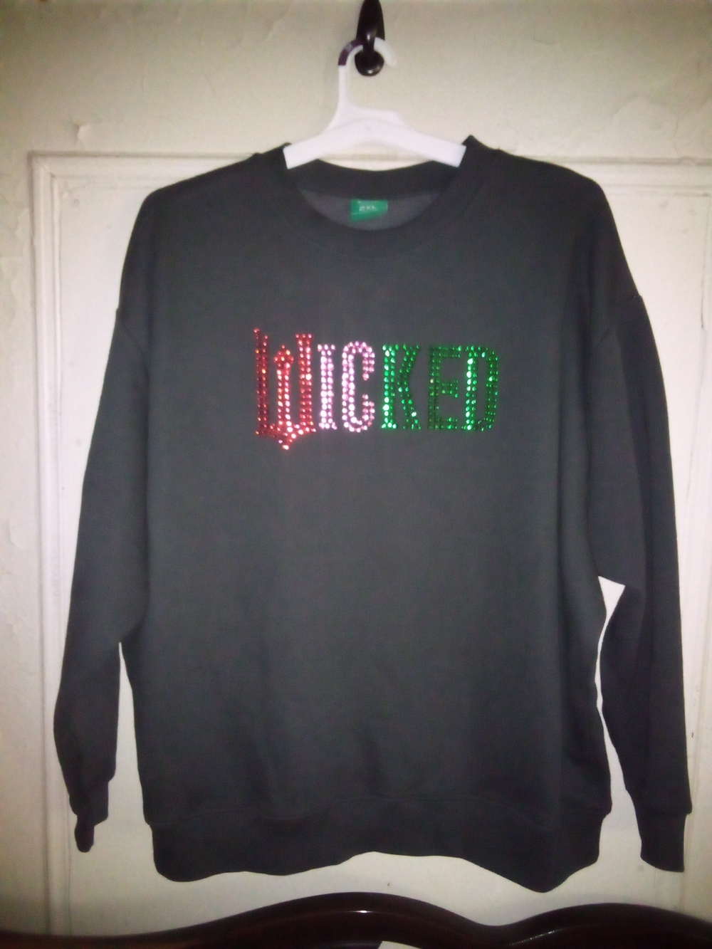 Primark Wicked 2X Embellished Black Gray Crewneck Sweater Broadway Pink Green